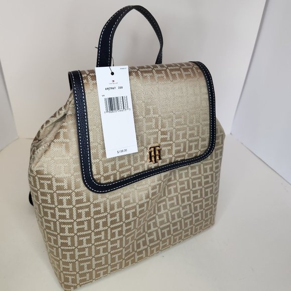 Tommy Hilfiger Large Khaki Tonal Jacquard Backpack with Navy Trim, New with Tags